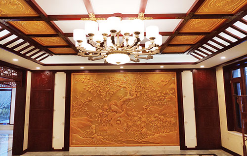 邯郸中式别墅客厅中式木作横梁吊顶装饰展示